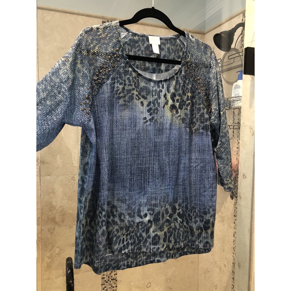 New Chico’s Albany Crochet Studded Shoulder Blue  Top Size 2 Cheetah